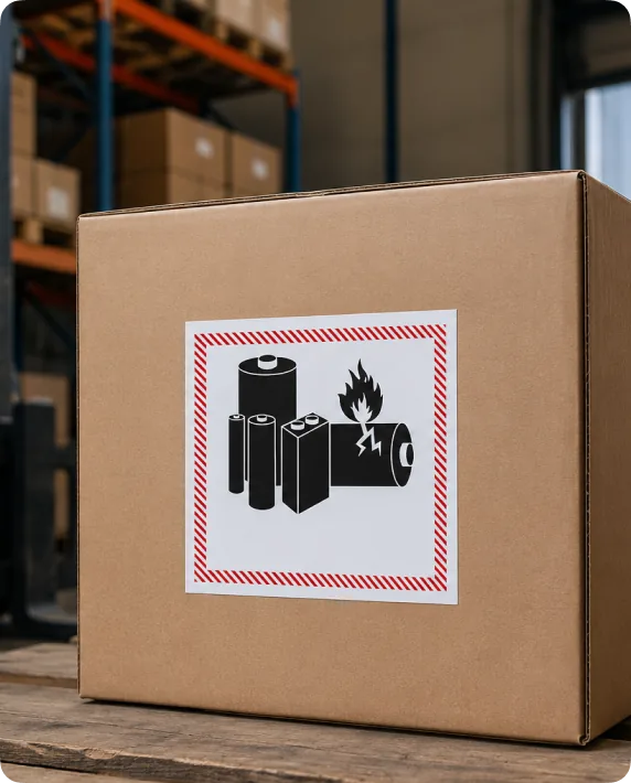 Carton with a lithium battery handling mark inside a red hatched border