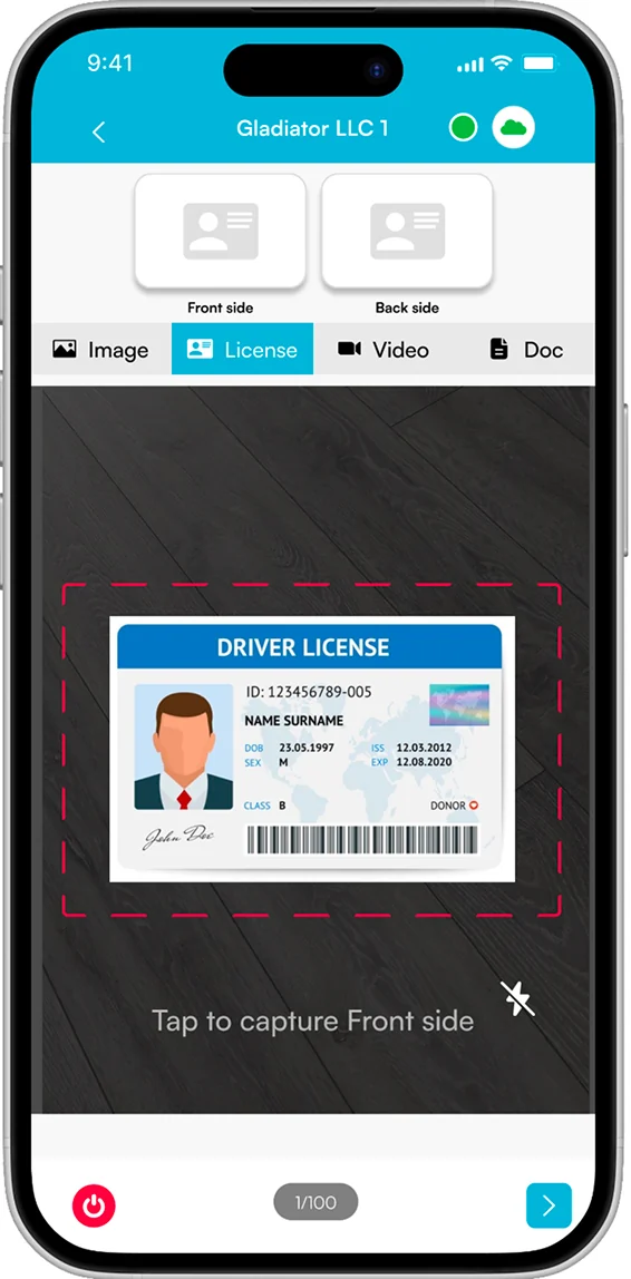 LoadProof app screen capturing the front side of a driver license
