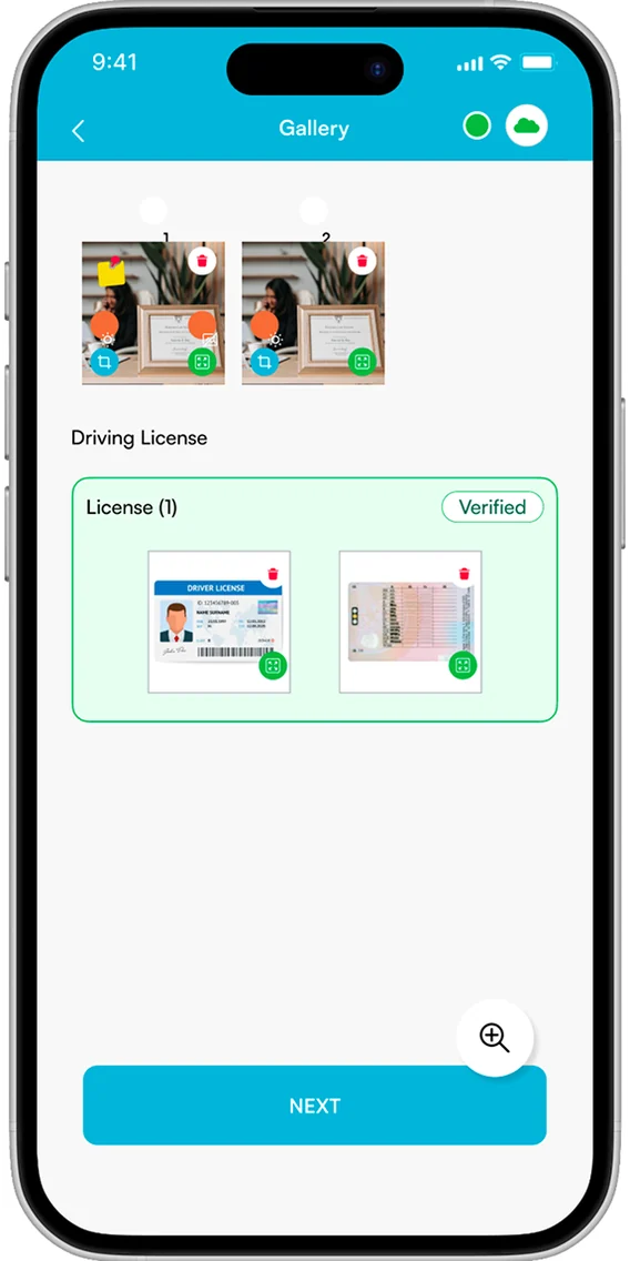 LoadProof app gallery showing the verified driver license attached to the load