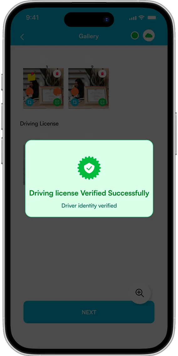 LoadProof app confirming the driving license was verified successfully