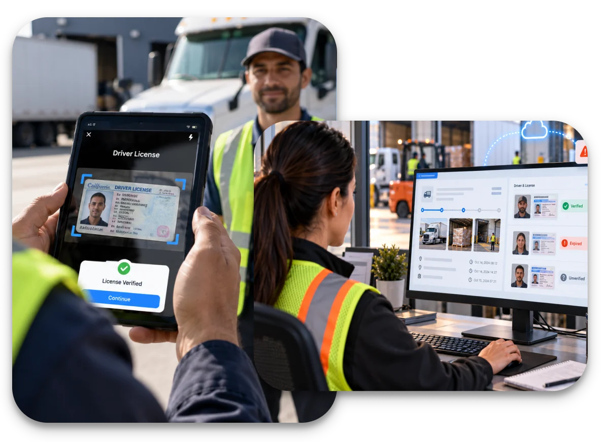 Driver license captured and verified on a tablet, with each driver's verification status shown in LoadProof Cloud