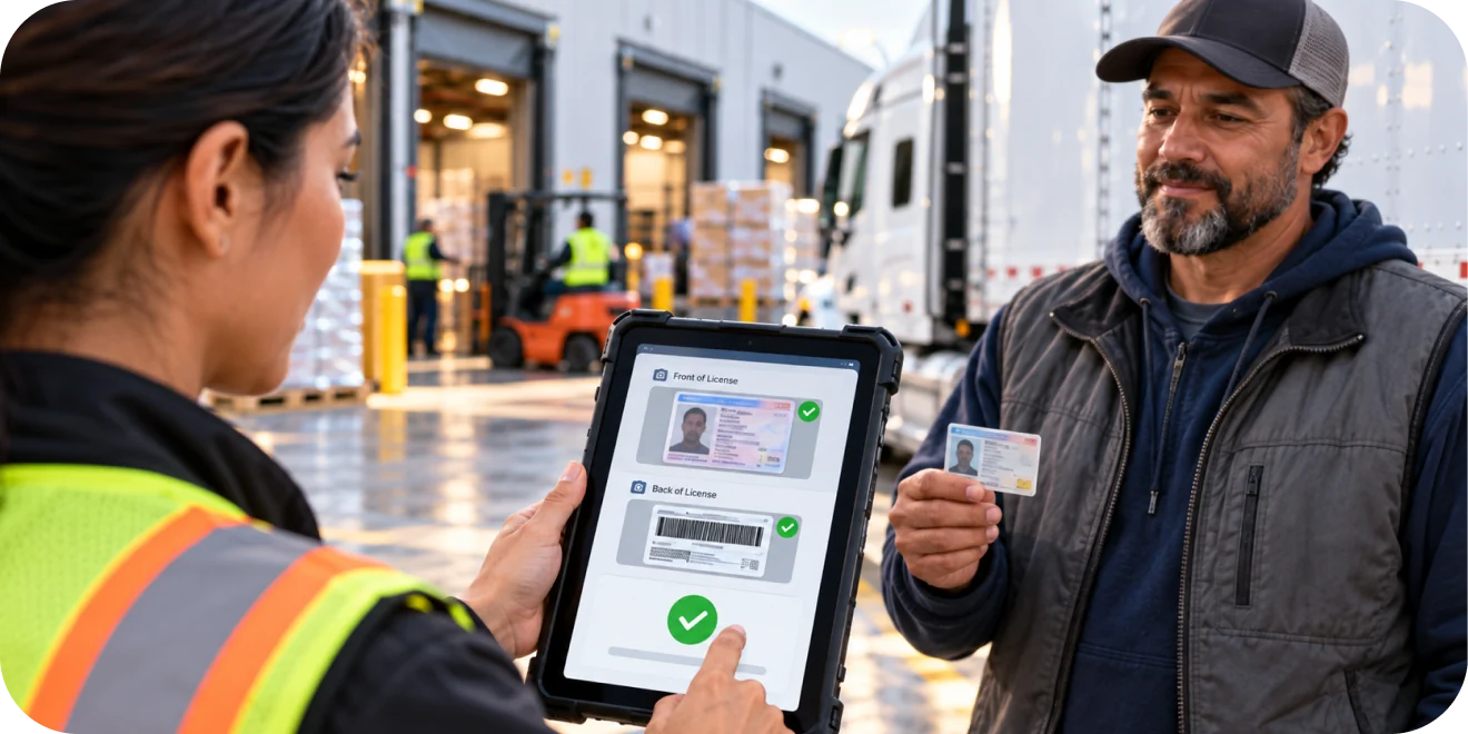 Warehouse worker verifying a truck driver's license on a tablet at the loading dock